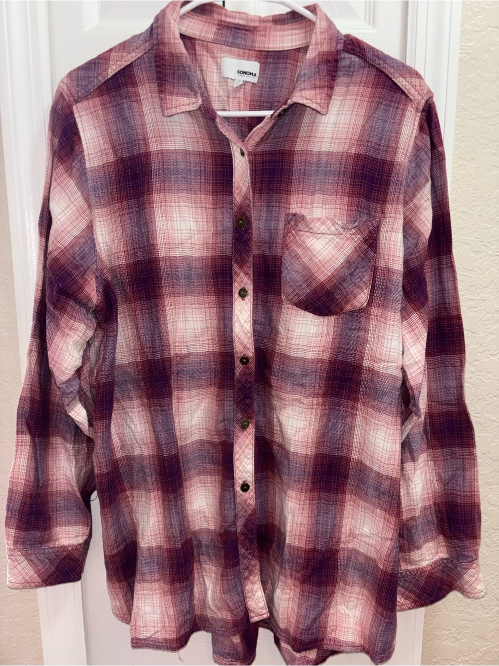 Sonoma Pink/Burgandy flannel Plaid Button-Up Shirt